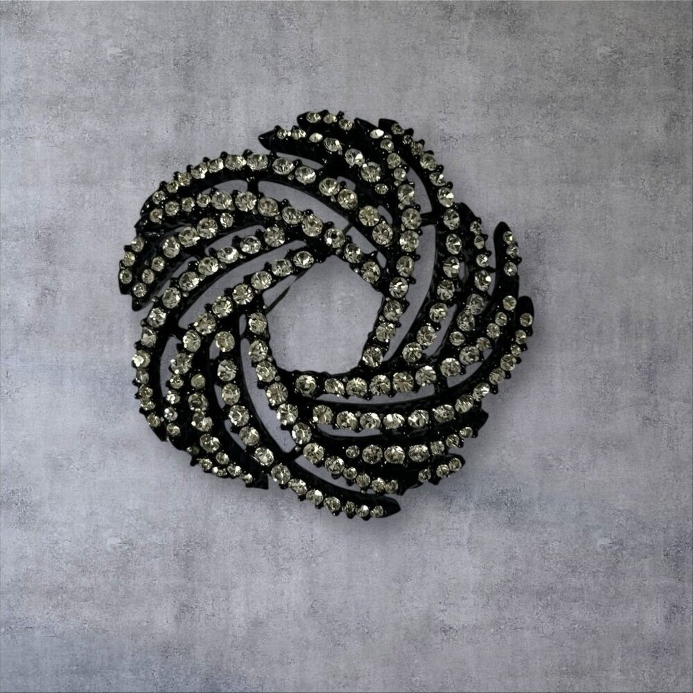 Vendome Black Clear Rhinestone Brooch Swirl Design Signed 2"
